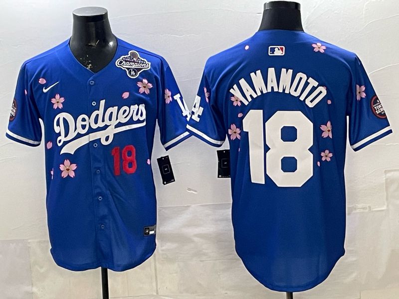 Men 2025 Los Angeles Dodgers #18 Yamamoto Blue Sakura Edition Nike MLB Jersey style 007